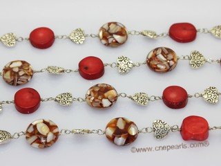 cn128 Hand strung red coral rope long necklace with shell beads