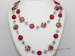 cn128 Hand strung red coral rope long necklace with shell beads