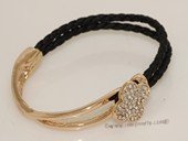 FSB005  Plum Blossom Gold Tone Bangle Braided leather black Bracelet