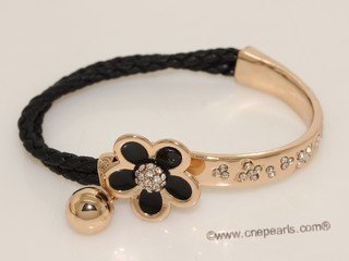 FSB008 Plum Blossom Gold Tone Bangle Braided leather black Bracelet