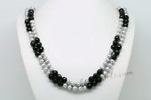 Lrpn021 Hand Knotted Grey Potato Pearl Rope Necklace with Black Agate