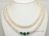 mpn405 Two Rows white Potato Pearl Necklace with green jade beads