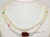 mpn407 double-strands potato pearl necklace with red agate pendant
