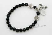 pbr438 8mm Black Agate Stretchy Bracelet with Silver Toned Charm