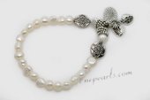 pbr439 7-8mm white freshwater nugget pearl and charm stretchy bracelet