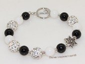 pbr549 Black agate and white jade  bracelet with silver Toned Fitting