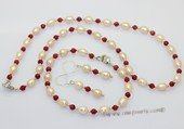 Pnset740 Fashion Freshwater Rice Pearl and Coral Beads Princess Necklace,Bracelt& Earrings