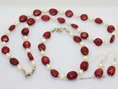 Pnset741 Fashion Freshwater Potato Pearl and Coral Beads Princess Necklace,Bracelt& Earrings