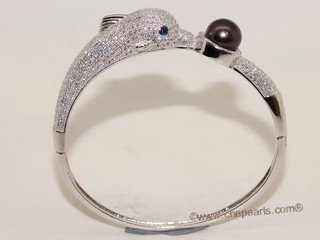 SSB144 Sterling Silver Panther Bangle Zircon Bracelet With Black Pearl