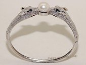 SSB146 Sterling Silver Two Panther Bangle Zircon Bracelet With Freshwater Pearl
