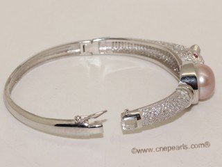 SSB147 Sterling Silver Panther Bangle Zircon Bracelet With Freshwater Pearl
