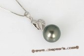 thpd053 Sterling silver 12-13mm Tahitian black Pearl & Swarovski CZ's Pendant