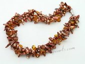 Tpn222 Three Strands Brown Freshwater Blister Pearl & Crystal Twisted Necklace