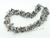 Tpn223 Three Strands Grey Color Freshwater Blister Pearl & Crystal Twisted Necklace