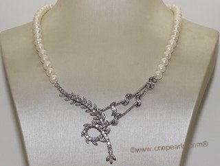 wn070  Freshwater Pearl and Sterling Silver Bridal Necklace Vintage Rhinestone Wedding Jewelry