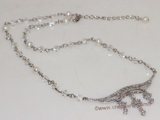 wn075  Hand wired freshwater pearl and crystal necklace with sterling silver wedding  fitting jewelry