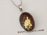 ap001 Sterling Silver & Carved flower Amber Pendant in oval shape