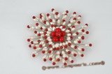 brooch058 Red coral and rice seed pearl blooming flower brooch