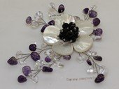 Brooch104 Designer  Amethyst beadsl and Clear Crystal Shell Brooch