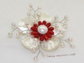 brooch108 70mm  blooming flower shell  brooch Pin with freshwater pearl