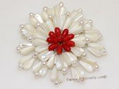 brooch127 Red coral and shell bead blooming flower brooch