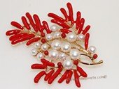 brooch129 Designer Red Coral and Freshwater Pearl Brooch