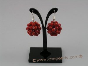 CE001 handcraft knitted 20mm ball shape red round coral beads dangle earring with sterling hook