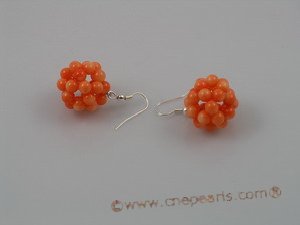 CE002 handcraft knitted 20mm ball shape round coral beads dangling earring with sterling hook