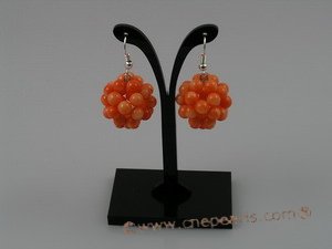 CE002 handcraft knitted 20mm ball shape round coral beads dangling earring with sterling hook