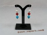 CE013 Sterling 8mm red coral and turquoise beads dangle dangle earring