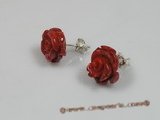 ce015 sterling 10-12mm  flower design red coral studs earrings