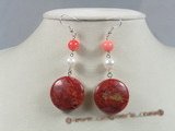 ce024 sterling silver coin shape red coral dangle earrings