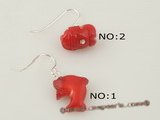 ce034 Carve red coral pierced dangle earrings in sterling silver