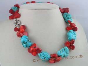 cn031 Green nugget turquoise alternated with fanlike coral necklace