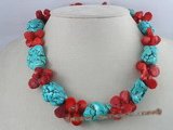 cn031 Green nugget turquoise alternated with fanlike coral necklace