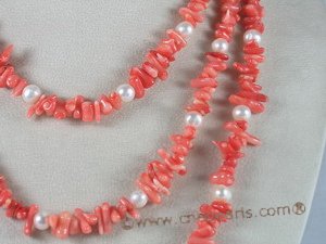 cn037 pink branch coral alternated with cultured pearl rope necklace