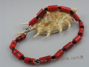 cn061 red tubby coral with black agate beads necklace wholesale
