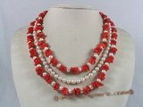 cn087 Triple strands red branch coral necklace with pearl beads