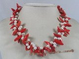 cn089 Red capsicum shape coral twisted neckalce with white potato pearl