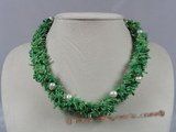 cn093 four strands green branch coral beads twisted necklace with white pearl