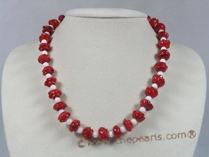 cn098  red flower carve coral beads single necklace with deep sea tridacna