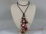 cn101 Black rubber  cord oval shape coral with pearl beads long necklace