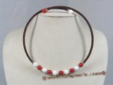 cn102 Brown rubber cord & 8mm round red coral beads necklace