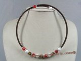 cn103 Brown leather & 8mm round red coral beads necklace