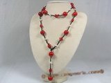 cn104 Red coral & cultured pearl rubber cord  long necklace jewelry
