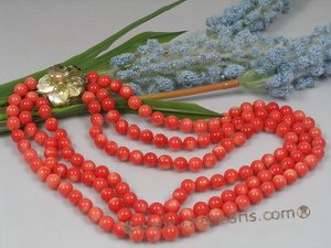 cn106 triple strands 8mm pink round coral necklace with shell clasp