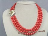 cn106 triple strands 8mm pink round coral necklace with shell clasp