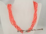 cn109 six strands 4mm pink round coral twisted necklace in wholesale