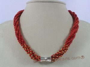 cn110 six strands 4mm red round coral twisted necklace in wholesale