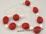 cn116 Jumbo oval red colral and baroque shell pearl sterling silver necklace